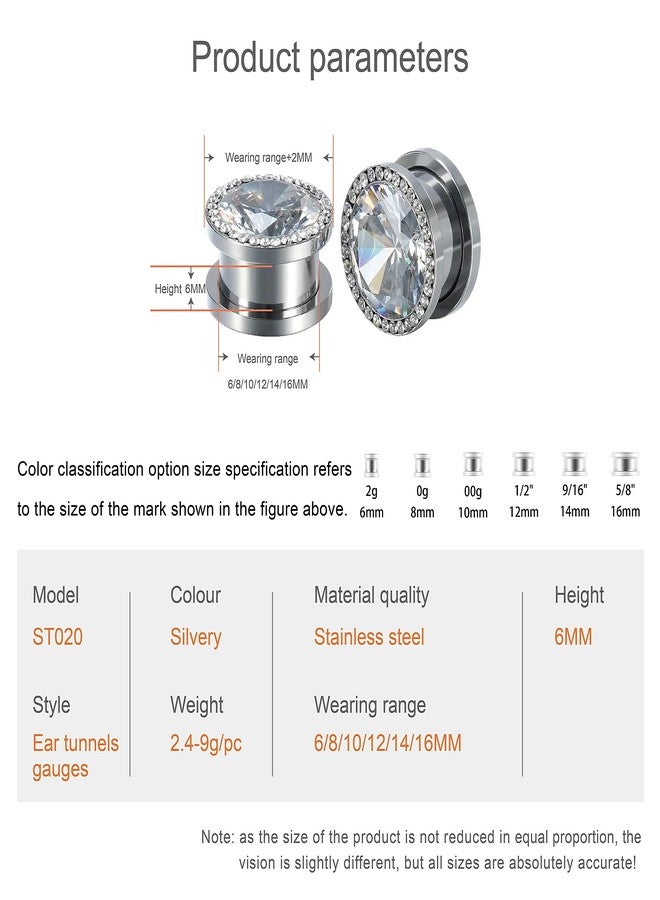 TBOSEN 6 PCS Big Cubic Zirconia Stainless Steel Screw Ear Gauges Plugs Tunnels Expander Body Piercing Jewelry Set - Image 3